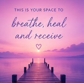 Illustration of a dock leading toward a sunset over water, reading: this is your space to breathe, heal and receive